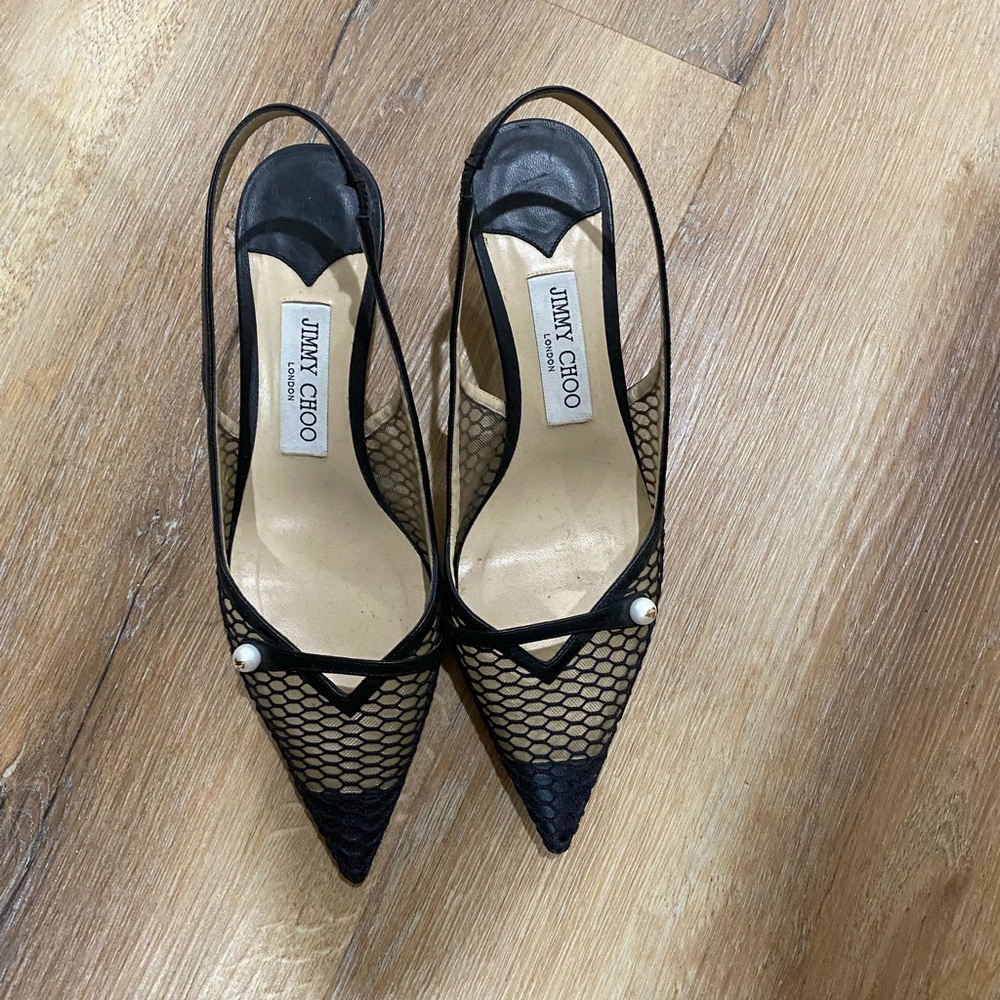 Jimmy Choo Black Mesh and leather Amita Slingback Pump 45 mm size 8,5